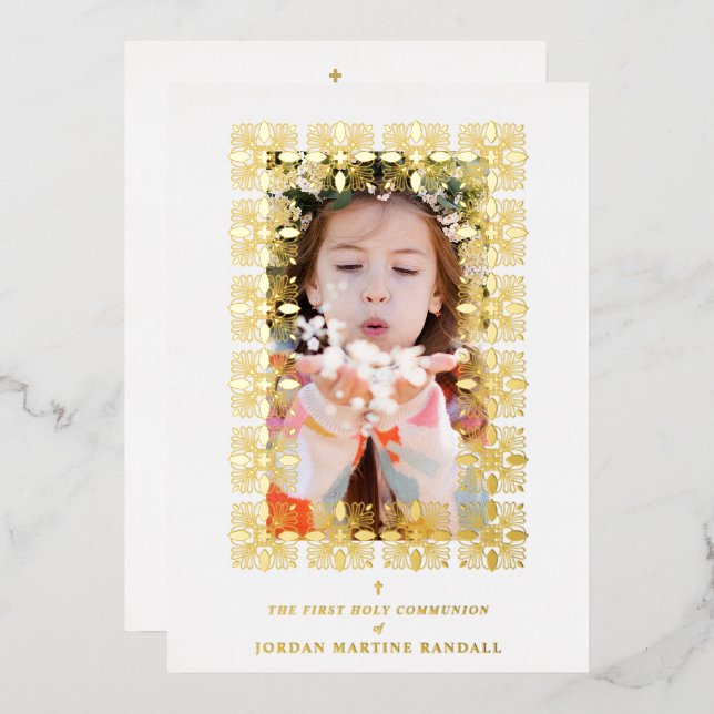 Gold Fancy Ornament Lace Effect Modern Photo Foil Invitation (Front/Back)