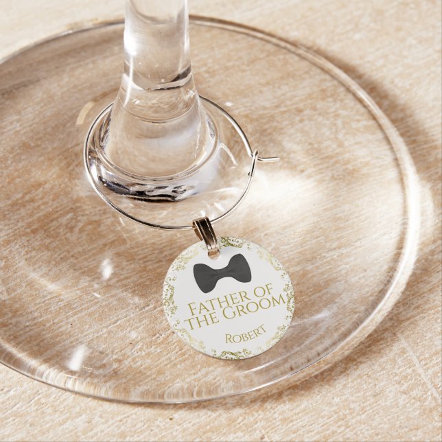 Gold Father of Groom Wedding Wine Glass Name Charm (In Situ)