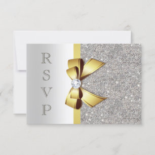 Gold Faux Bow Silver Sequins Diamonds RSVP Card