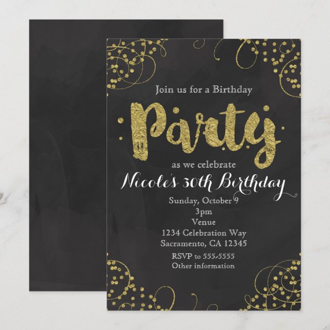 Gold Faux Confetti Birthday Party Invitations (Front/Back)