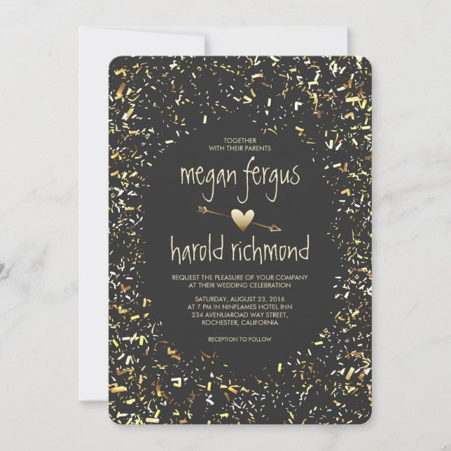Gold faux confetti chalkboard wedding invitation (Front)