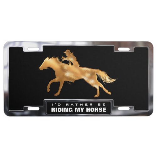 Gold faux Cowgirl on a Horse with Frame License Plate