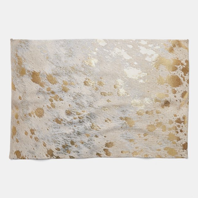 Gold Faux Cowhide Print Metallic Cowgirl Western Kitchen Towel (Horizontal)