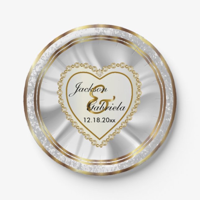 Gold & Faux Diamond & Glitter Wedding Anniversary Paper Plates (Front)