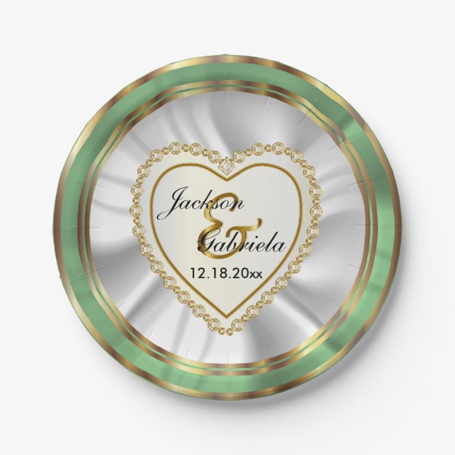 Gold & Faux Diamond & Mint Wedding or Anniversary Paper Plates (Front)