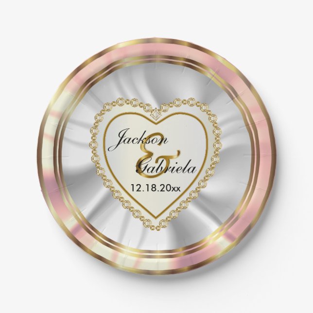 Gold & Faux Diamond & Rose Wedding or Anniversary Paper Plates (Front)