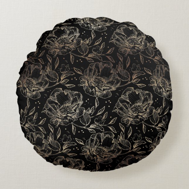 Gold Faux Elegant Hand Drawn Florals Wedding Gift Round Pillow (Front)