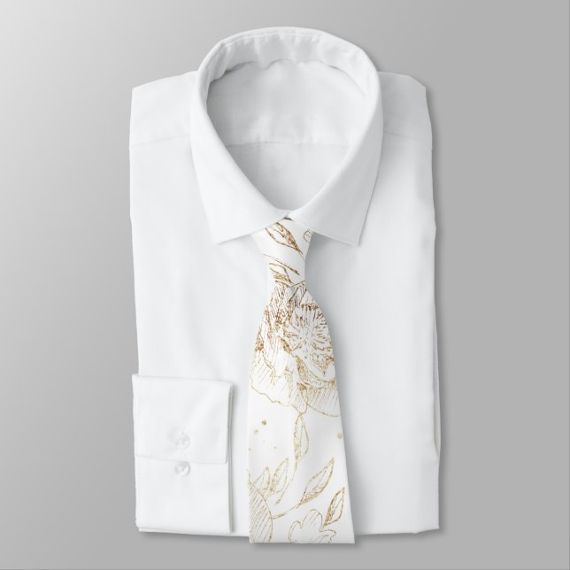 Gold Faux Elegant Hand Drawn Florals Wedding Neck Tie (Tied)