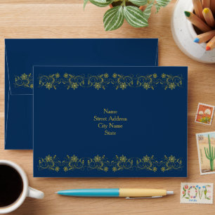 Gold Faux Filigree Foil on Atlantic Blue Envelope