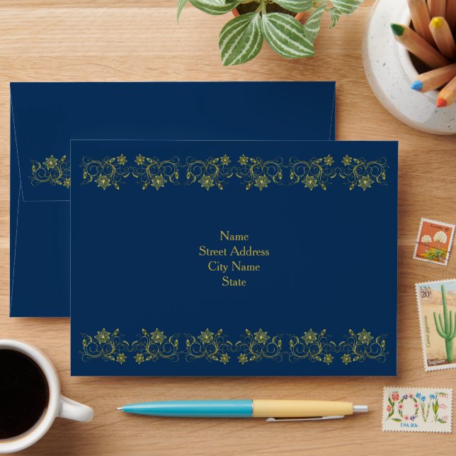 Gold Faux Filigree Foil on Atlantic Blue Envelope (Desk)