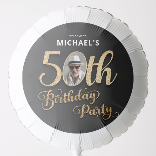 Gold Faux Foil Black Elegant Photo 50th Birthday Balloon