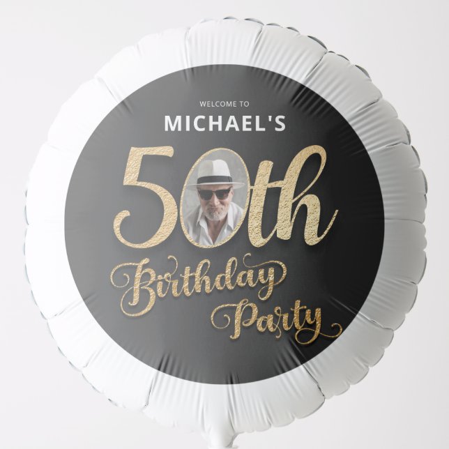 Gold Faux Foil Black Elegant Photo 50th Birthday Balloon (Front)