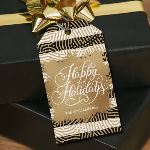 Gold Faux Foil Black White Stripes Holiday Gift Tags