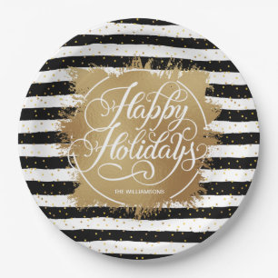 Gold Faux Foil Black White Stripes Holiday Paper Plates