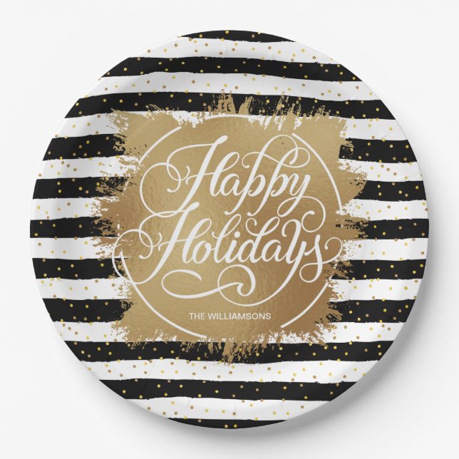 Gold Faux Foil Black White Stripes Holiday Paper Plates (Front)