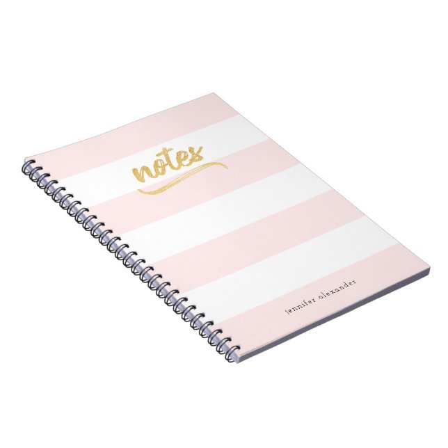 Gold Faux Foil Blush Pink Stripes Pattern Name Notebook (Right Side)
