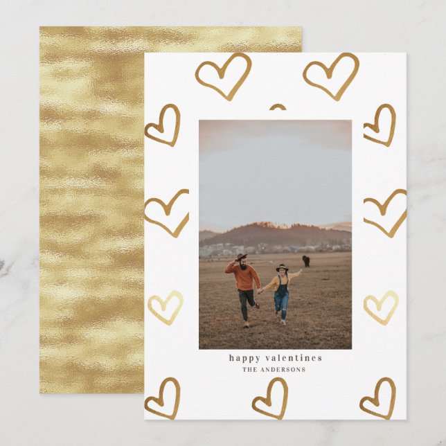 gold faux foil doodle hearts valentines photo card (Front/Back)
