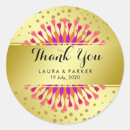 Gold Faux Foil Glitter Thank You Wedding Floral Classic Round Sticker