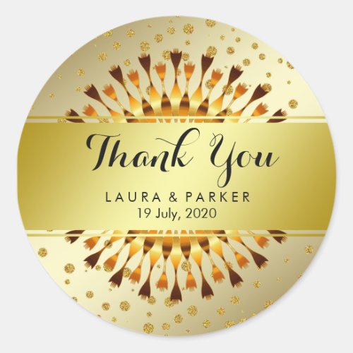 Gold Faux Foil Glitter Thank You Wedding Floral Classic Round Sticker