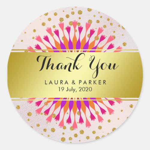 Gold Faux Foil Glitter Thank You Wedding Floral Classic Round Sticker