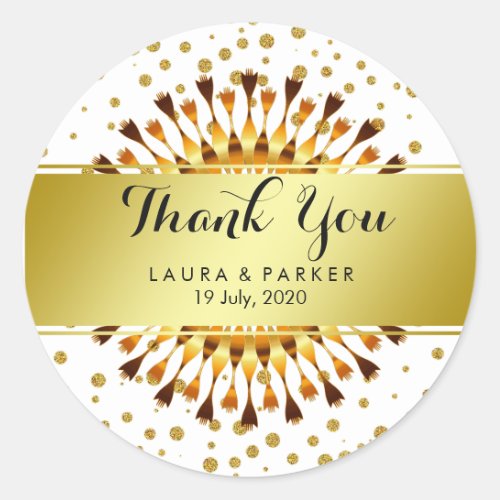 Gold Faux Foil Glitter Thank You Wedding Floral Classic Round Sticker