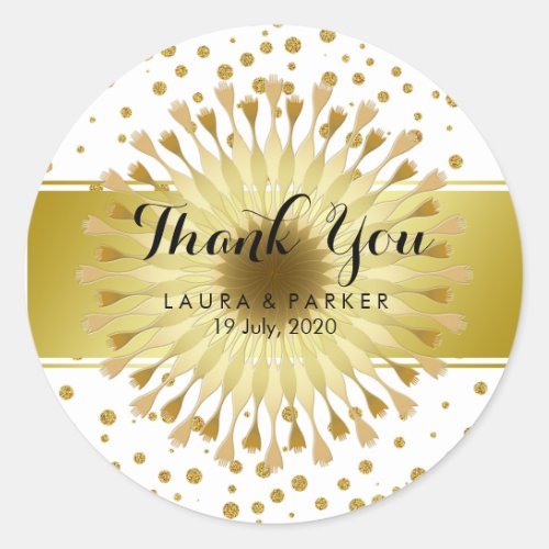 Gold Faux Foil Glitter Thank You Wedding Floral Classic Round Sticker