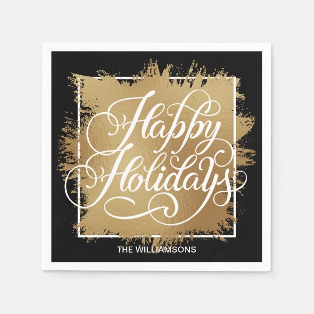Gold Faux Foil Happy Holidays Black Napkins (Front)