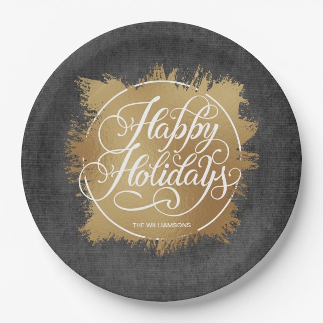 Gold Faux Foil Happy Holidays Black Paper Plates (Front)