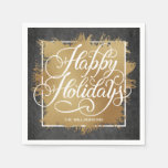 Gold Faux Foil Happy Holidays Black Pattern Napkins