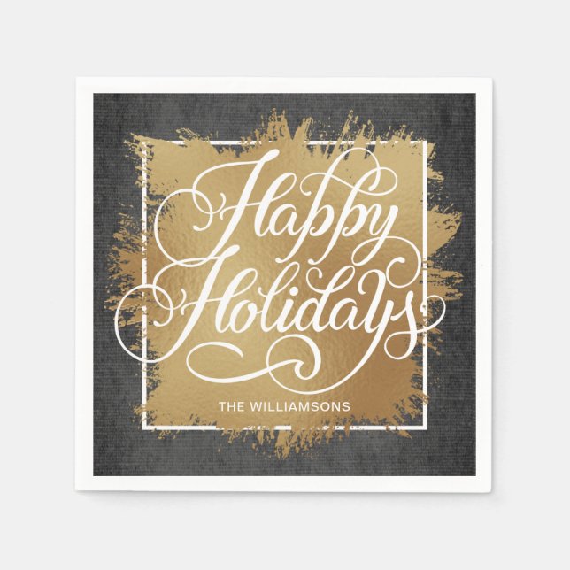 Gold Faux Foil Happy Holidays Black Pattern Napkins (Front)