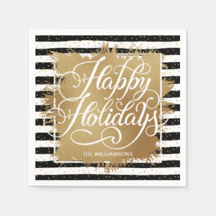 Gold Faux Foil Happy Holidays Black White Stripes Napkins