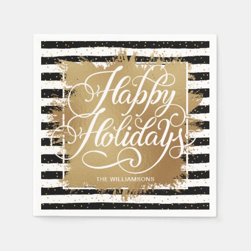 Gold Faux Foil Happy Holidays Black White Stripes  Napkins