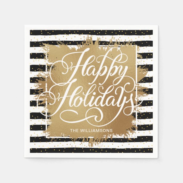 Gold Faux Foil Happy Holidays Black White Stripes  Napkins (Front)