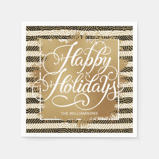 Gold Faux Foil Happy Holidays Black White Stripes Napkins (Front)