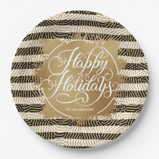 Gold Faux Foil Happy Holidays Black White Stripes Paper Plates (Front)