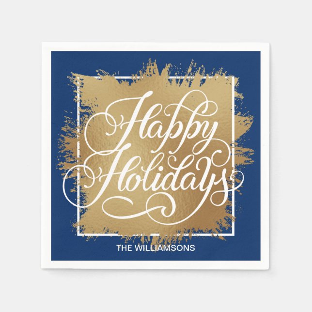 Gold Faux Foil Happy Holidays Blue Napkins (Front)