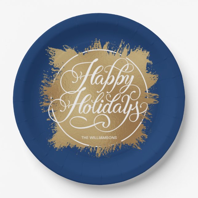 Gold Faux Foil Happy Holidays Blue Paper Plates (Front)