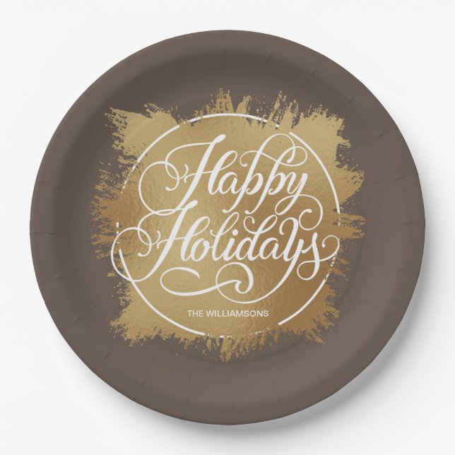 Gold Faux Foil Happy Holidays Brown Paper Plates (Front)