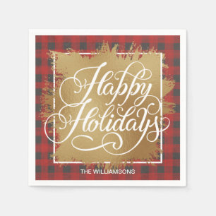 Gold Faux Foil Happy Holidays Buffalo Plaid Napkins