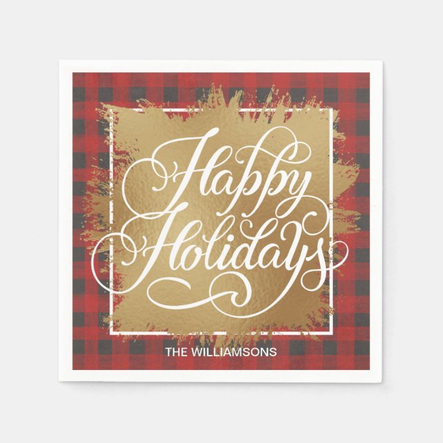 Gold Faux Foil Happy Holidays Buffalo Plaid Napkins (Front)
