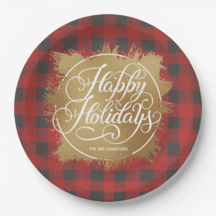 Gold Faux Foil Happy Holidays Buffalo Plaid Paper Plates