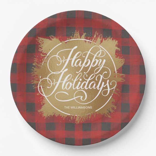 Gold Faux Foil Happy Holidays Buffalo Plaid Paper Plates (Front)