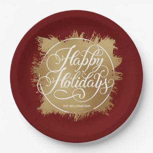 Gold Faux Foil Happy Holidays Burgundy Paper Plates