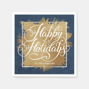 Gold Faux Foil Happy Holidays Denim Blue Napkins