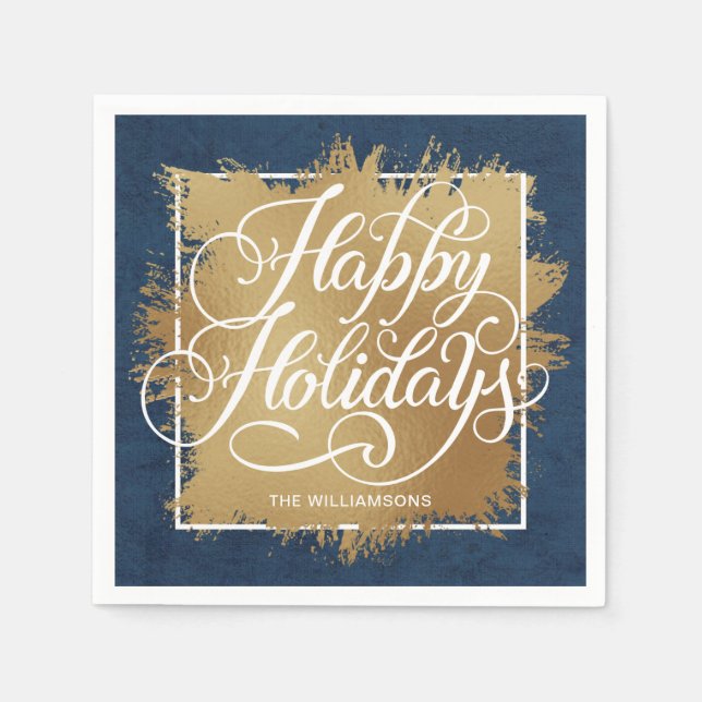Gold Faux Foil Happy Holidays Denim Blue Napkins (Front)