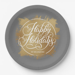 Gold Faux Foil Happy Holidays Gray Paper Plates