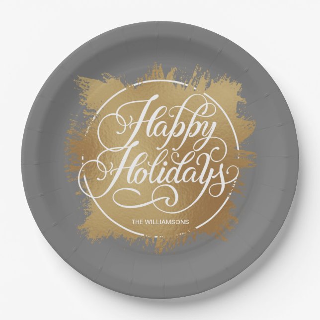 Gold Faux Foil Happy Holidays Gray Paper Plates (Front)