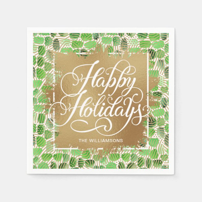Gold Faux Foil Happy Holidays Green Napkins (Front)