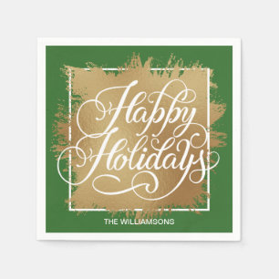 Gold Faux Foil Happy Holidays Green Napkins