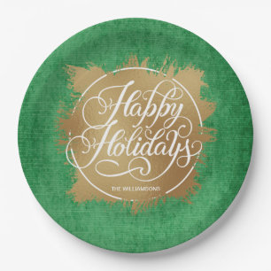 Gold Faux Foil Happy Holidays Green Paper Plates